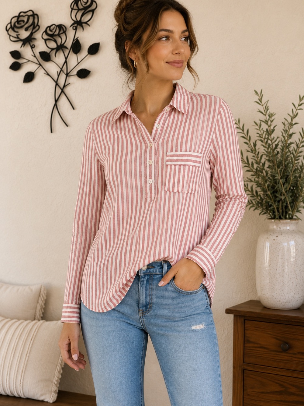 Jade Pink & White Striped Button-Down Shirt